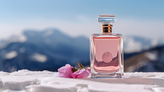Una bottiglia di profumo rosa tra le montagne innevate