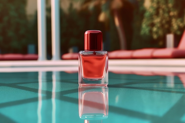 Una bottiglia di profumo rosso è su un tavolo di vetro.