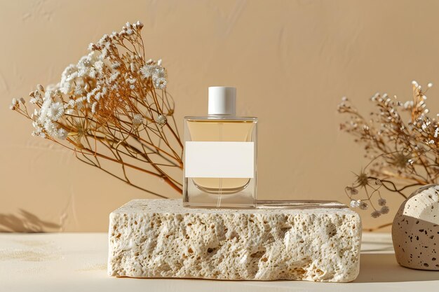 una bottiglia di profumo si trova su una lastra di marmo