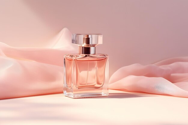 Una bottiglia di profumo su uno sfondo pastello morbido aroma di profumo femminile concetto dell'industria cosmetica