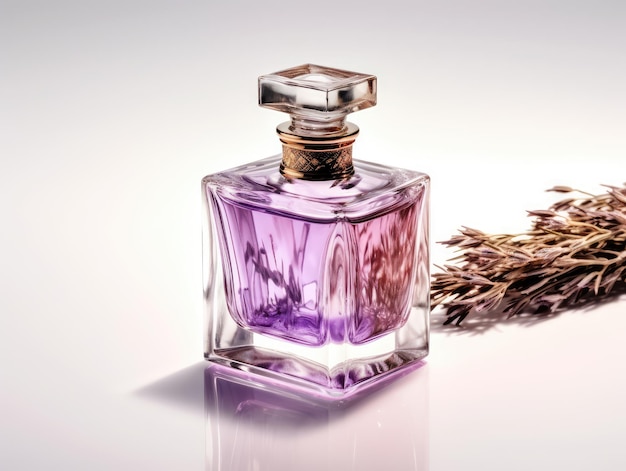 una bottiglia di profumo viola circondata da lavanda su sfondo bianco