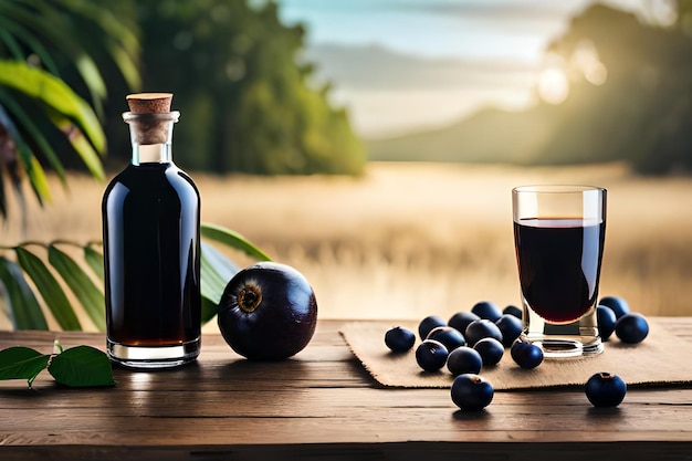 una bottiglia di prugne si trova su un tavolo con un bicchiere di vino.