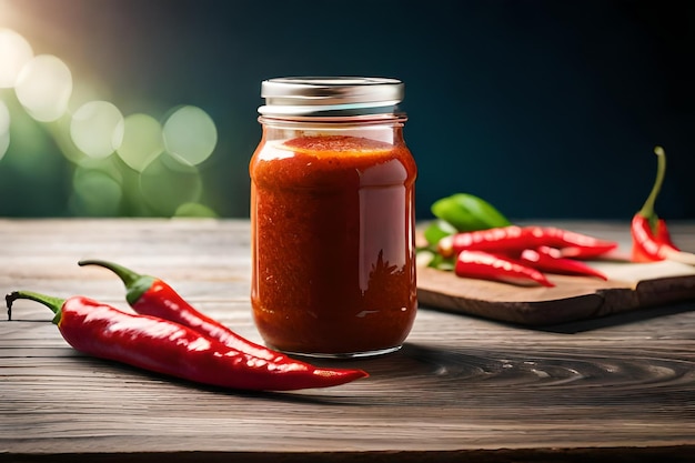 Una bottiglia di salsa piccante su un tavolo e dei peperoncini attorno