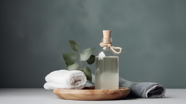 Una bottiglia di sapone con un coperchio di legno si trova su un vassoio di legno accanto a un asciugamano.