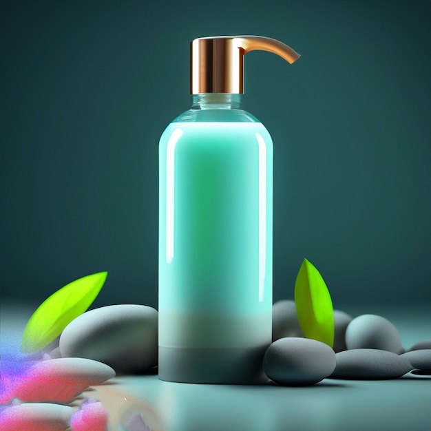 Una bottiglia di sapone con una pianta sullo sfondo