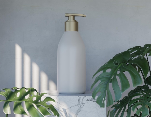 Una bottiglia di sapone liquido si trova su un bancone di marmo accanto a una pianta.