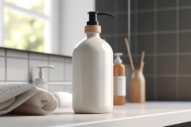 Una bottiglia di sapone per le mani si trova su un bancone accanto agli asciugamani.