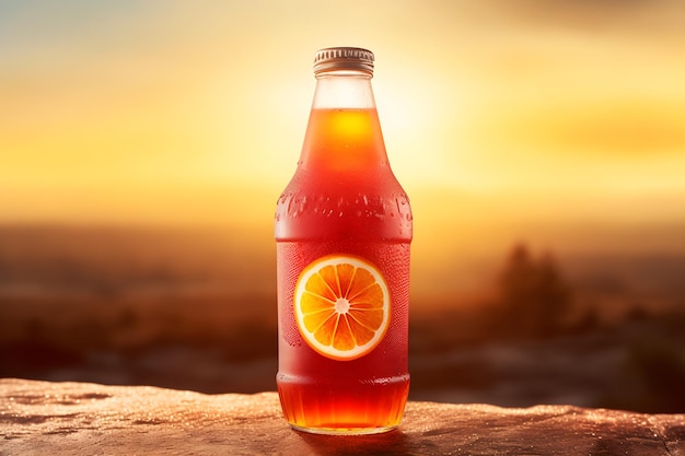 Una bottiglia di soda rosa con una fetta d'arancia in cima.