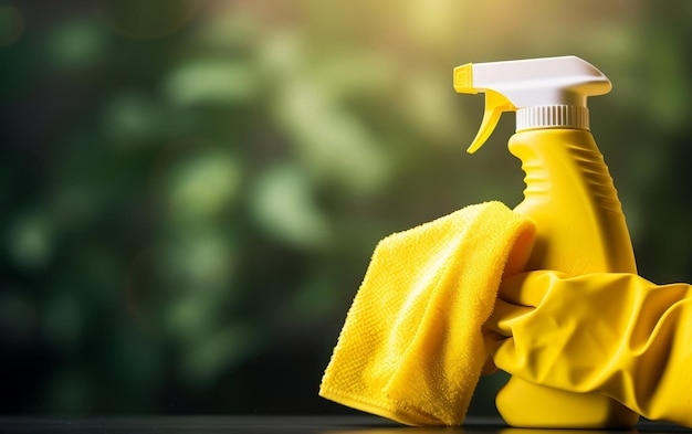 Una bottiglia di spray gialla con un panno giallo su di essa AI