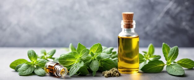 Una bottiglia di spray piena di olio essenziale aromatico circondata da foglie di oregano fresche e vivaci