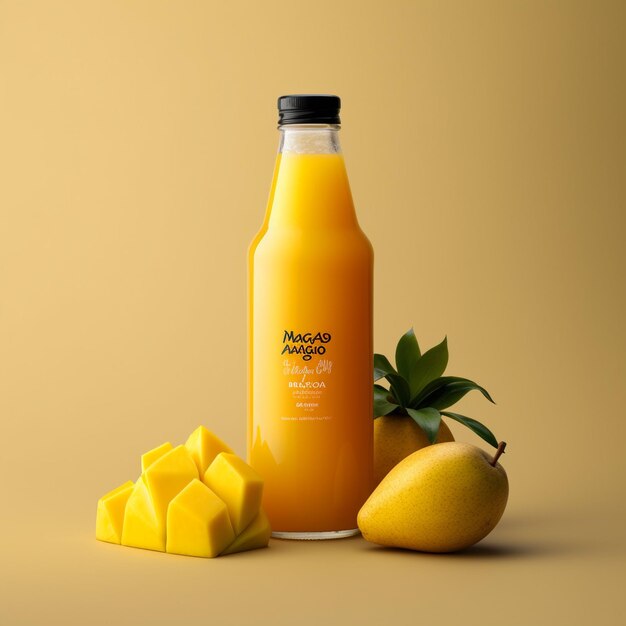 una bottiglia di succo accanto a un limone e un mango