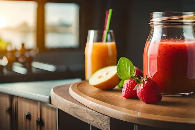 una bottiglia di succo con fragole e una bottiglia di succo.