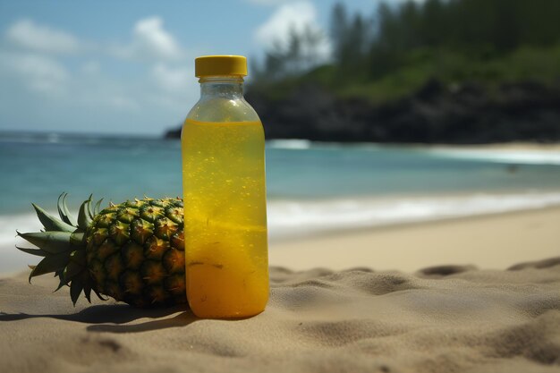 Una bottiglia di succo d'ananas si trova sulla sabbia accanto a uno specchio d'acqua.