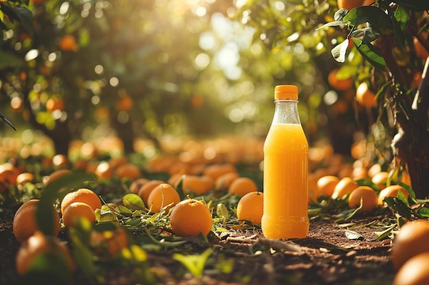 una bottiglia di succo d'arancia seduta in mezzo a un campo di arance