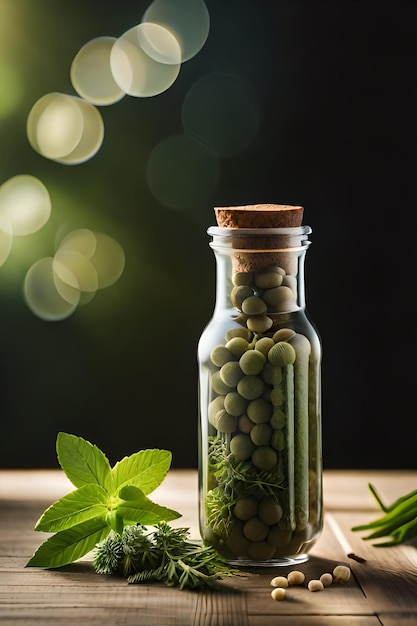 Una bottiglia di tè verde con una pianta verde al centro.