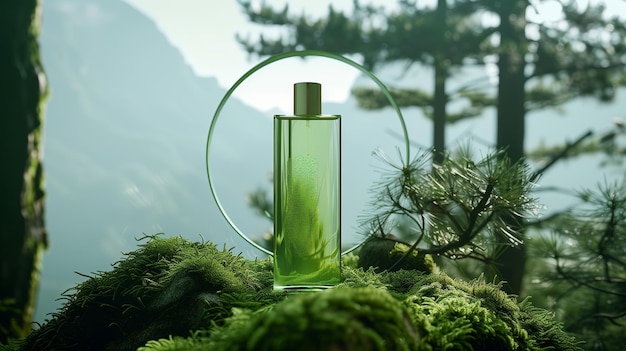 Una bottiglia di toner per il viso ad acqua verde si trova su un muschio circondato da pini e montagne