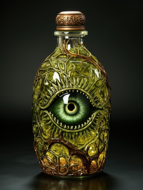 Una bottiglia di veleno verde con sopra un occhio umano