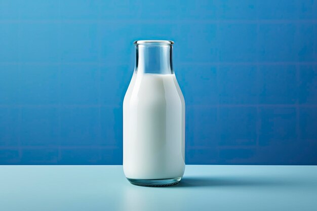 Una bottiglia di vetro con latte intero su sfondo blu