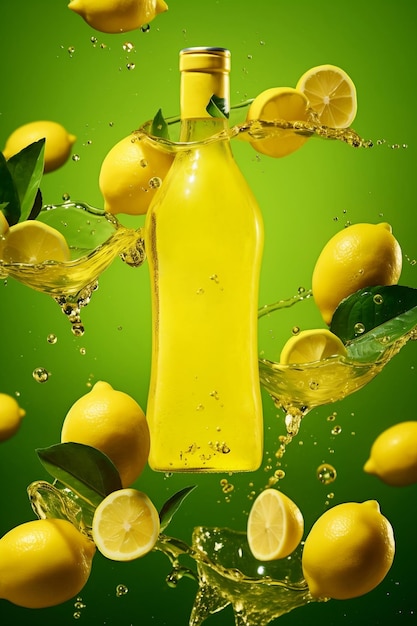 Una bottiglia di vetro di limonata circondata da spruzzi d'acqua con limoni