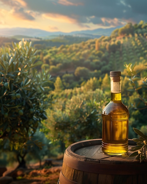 Una bottiglia di vetro di olio d'oliva poggia su un barile sotto il cielo