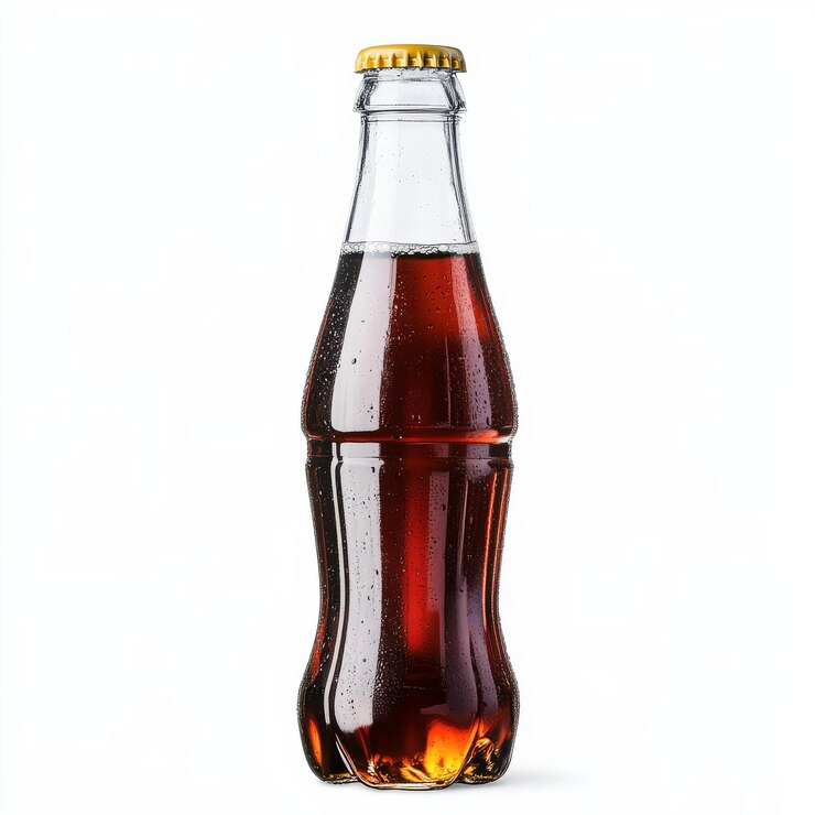Foto una bottiglia di vetro scintillante piena di soda scura con condensazione isolata su uno sfondo bianco pulito per un'esperienza visiva rinfrescante