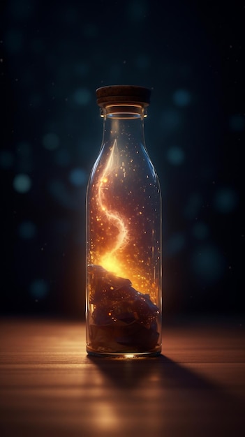 Una bottiglia di vetro trasparente che contiene una scena misteriosa ed emette luce generata dall'intelligenza artificiale