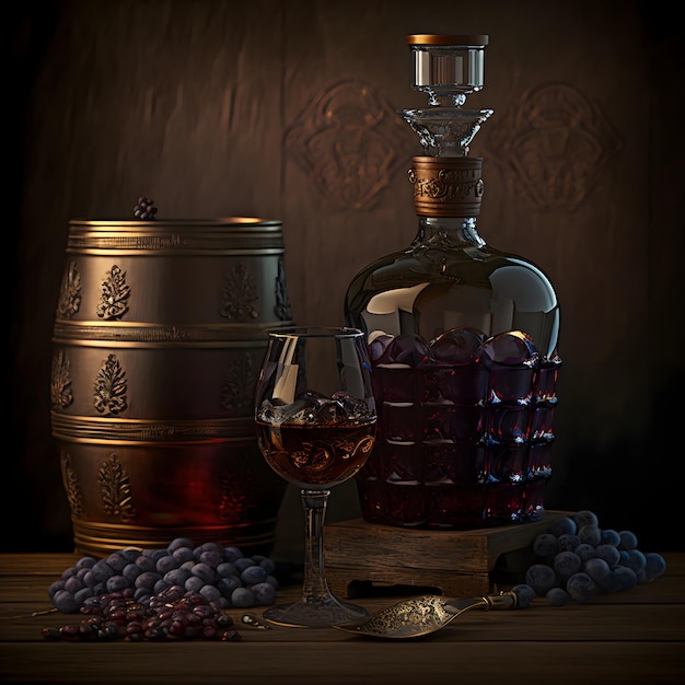 Una bottiglia di vino accanto a un bicchiere e uva.