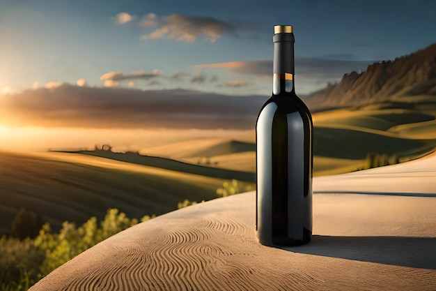 Una bottiglia di vino con un tramonto sullo sfondo
