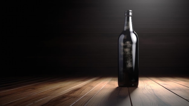 Una bottiglia di vino con uno sfondo scuro e una luce che risplende su di essa.