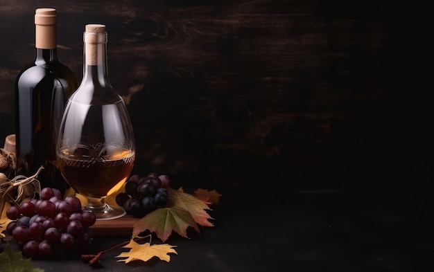Una bottiglia di vino con uve su uno sfondo scuro
