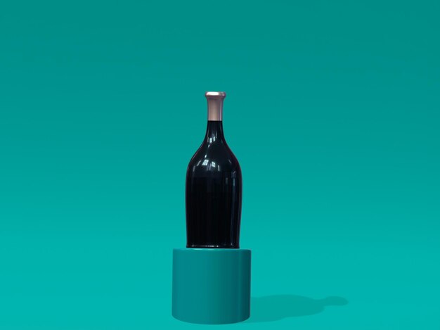 Una bottiglia di vino è su una scatola blu con una base verde.