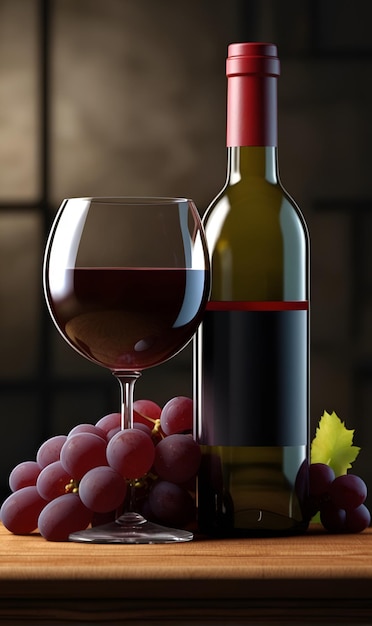 Una bottiglia di vino e un bicchiere di vino accanto a un grappolo di uva