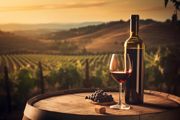 Una bottiglia di vino e un bicchiere di vino su una botte con un vigneto sullo sfondo.