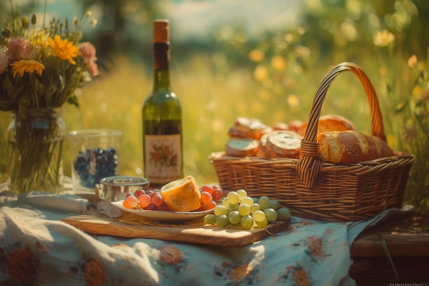 Una bottiglia di vino e un cesto di pane con una bottiglia di vino su un tavolo in un campo.