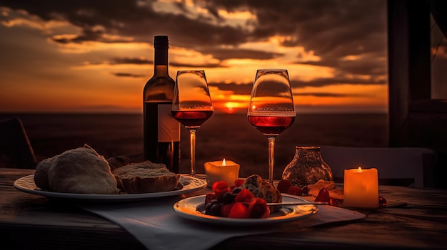 Una bottiglia di vino e una bottiglia di vino sono su un tavolo con un tramonto sullo sfondo.