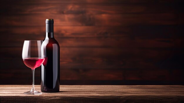 Una bottiglia di vino rosso su uno sfondo di legno Generativo Ai