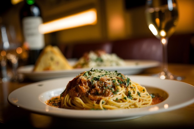 Una bottiglia di vino si trova accanto a un piatto di spaghetti con una bottiglia di vino sullo sfondo.