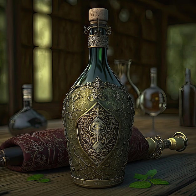 Una bottiglia di vino verde a un'accoglienza amichevole con un ornamento nello stile del Medioevo Vinificazione alcolica cantina di lusso prodotto di fermentazione sigillo di cera arte generativa AI