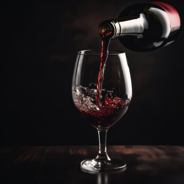 Una bottiglia di vino viene versata in un bicchiere di vino.