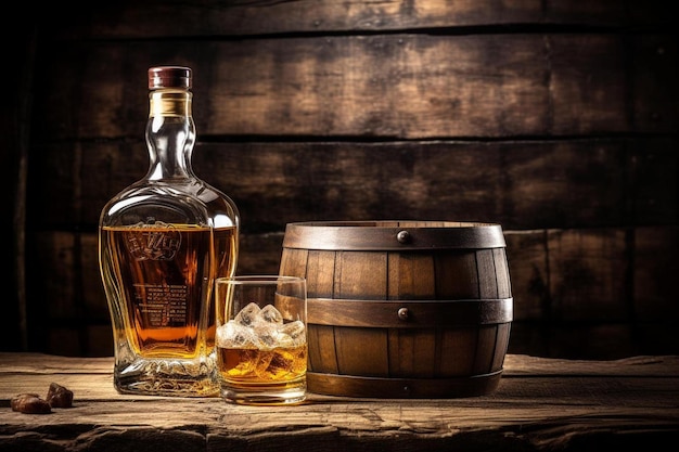 una bottiglia di whisky si trova su un tavolo di legno con un barile di ghiaccio sullo sfondo.