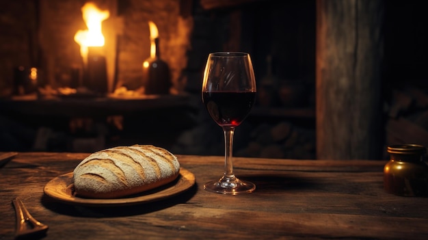Una bottiglia e un bicchiere di vino e pane su un tavolo di legno