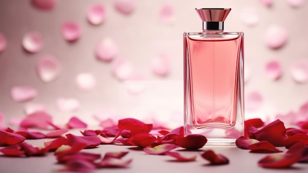 Una bottiglia moderna di profumo di rosa con petali di rosa sparsi sulla superficie sullo sfondo dell'immagine a vista completa