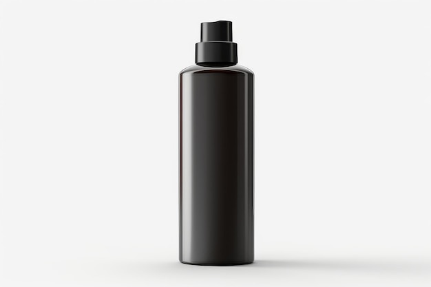 una bottiglia nera di spray nero su uno sfondo bianco