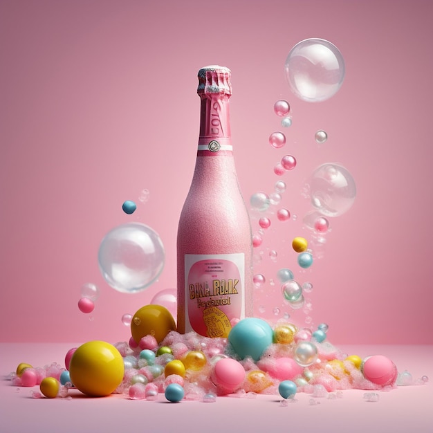 una bottiglia rosa di liquido rosa con bolle sullo sfondo.