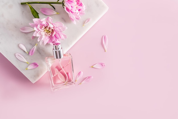 Una bottiglia trasparente di eau de parfum o profumo appoggiata a un marmo bianco con fiori di crisantemo sfondo rosa una copia dello spazio