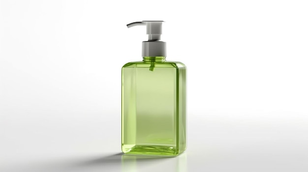 Una bottiglia verde di sapone con un coperchio trasparente si trova su una superficie bianca.