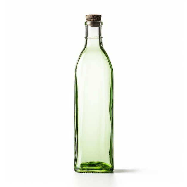 Una bottiglia verde vuota audace e graziosa su uno sfondo bianco