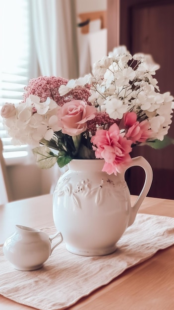 Una brocca bianca con fiori rosa su di essa si trova su un tavolo.