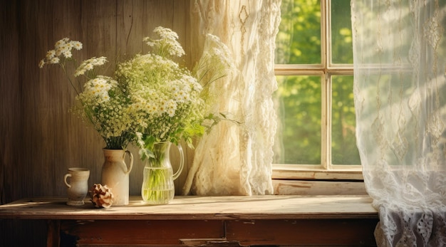Una brocca con i fiori a casa, vicino alla finestra.