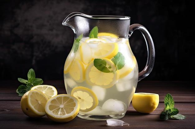 Una brocca di limonata piccante guarnita con ghiaccio e fettine di limone create con l'IA generativa